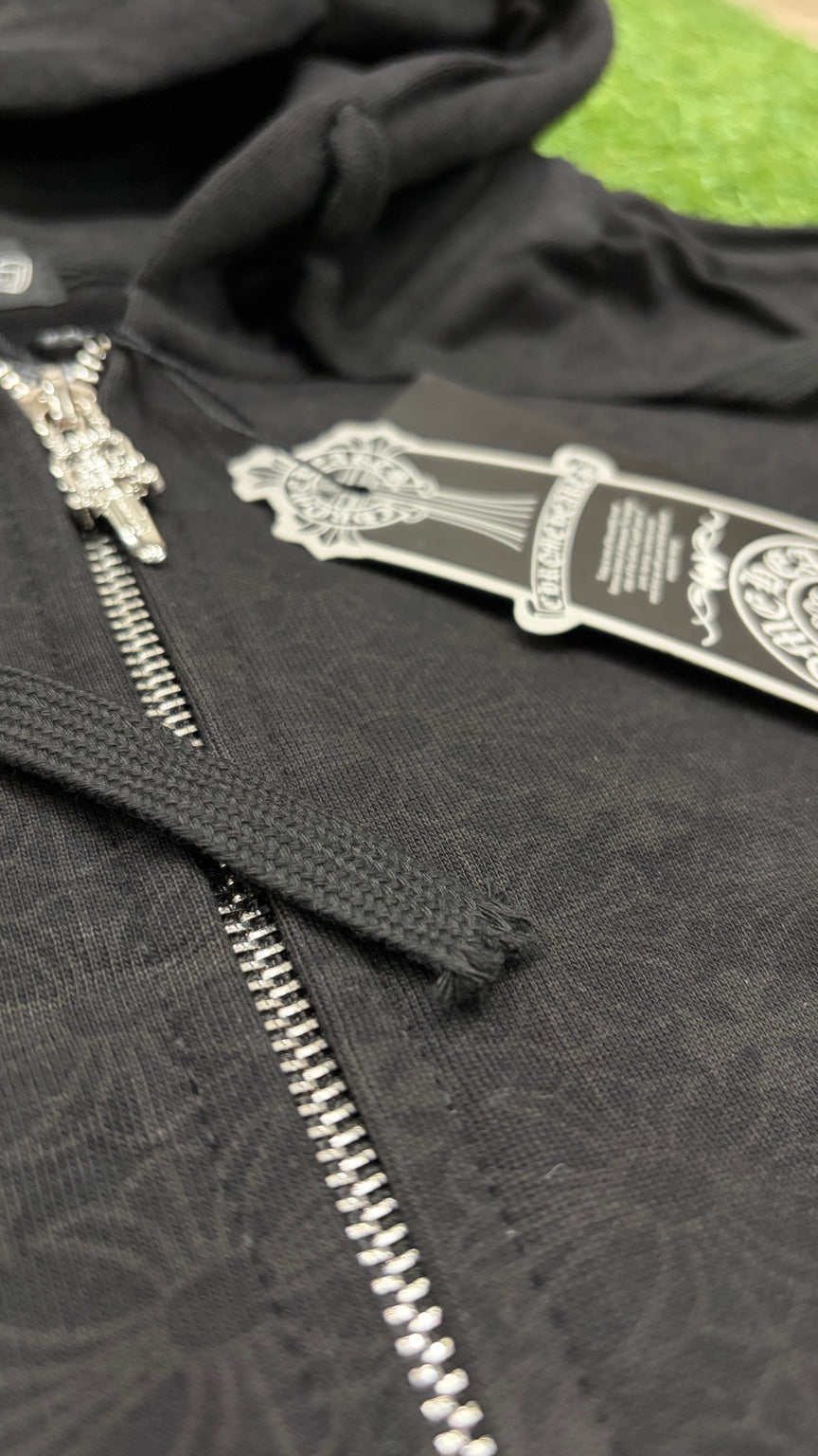 Black gothic full-zip hoodie fabric detail