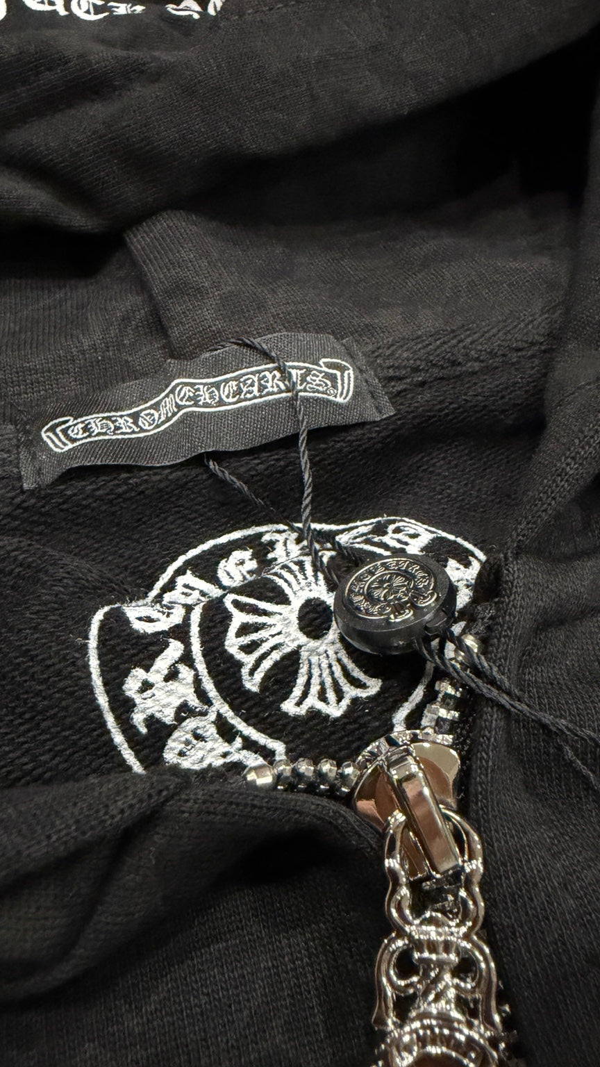 Black gothic full-zip hoodie neck detail