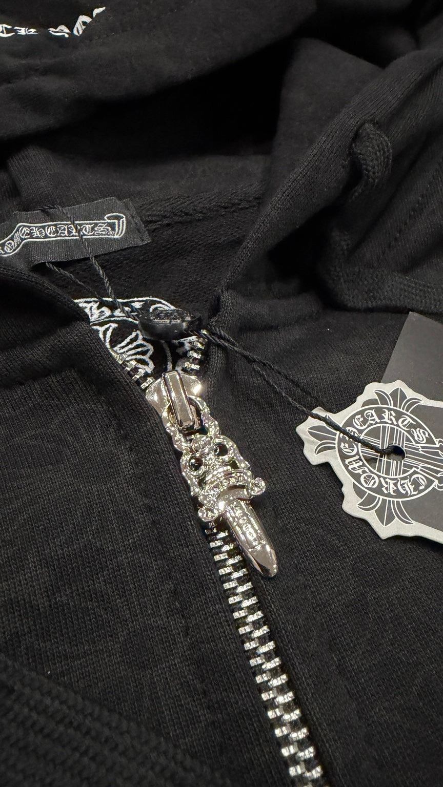 Black gothic full-zip hoodie zipper detail