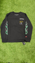 Black Sex Records long sleeve with green graphic sleeves, full front view