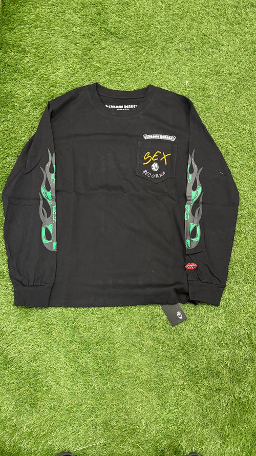 Black Sex Records long sleeve with green graphic sleeves, full front view