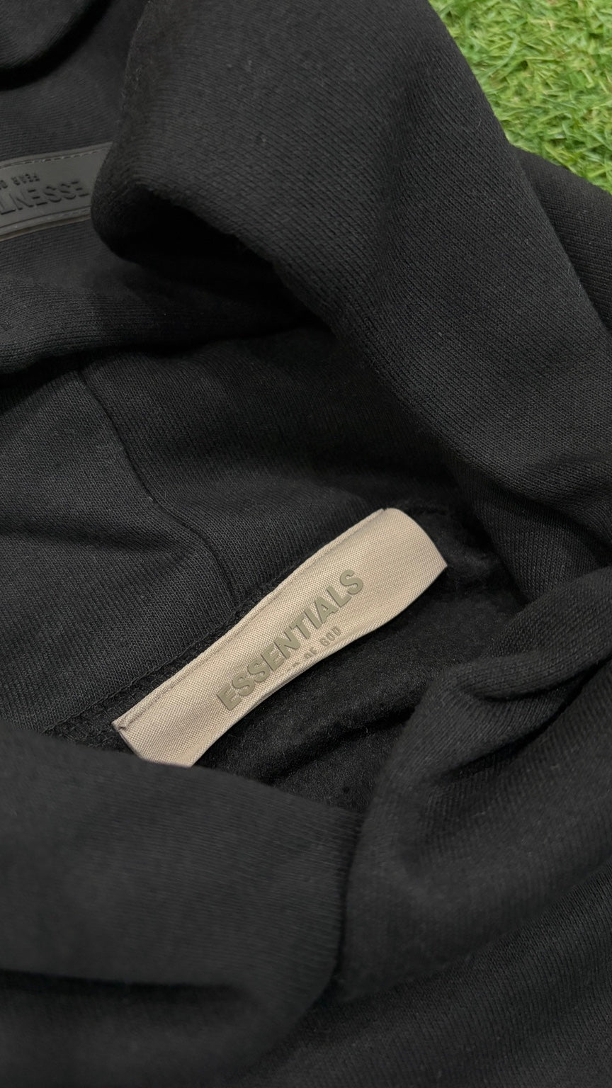Black Essentials hoodie interior label detail