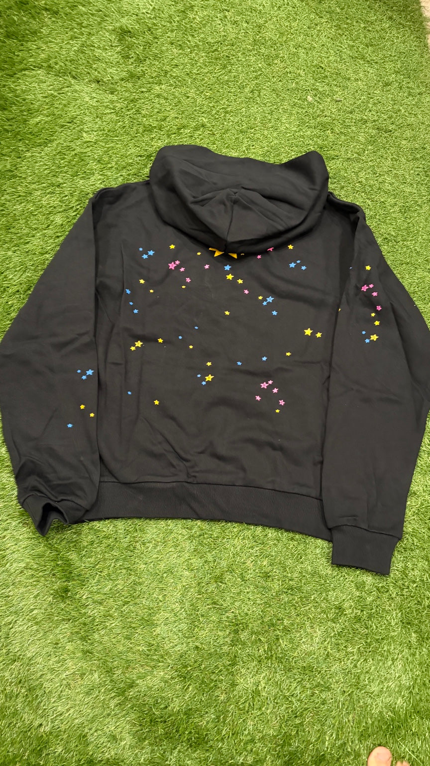 Black web hoodie back with small multicolor stars