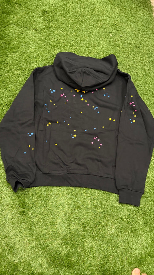 Black web hoodie back with small multicolor stars