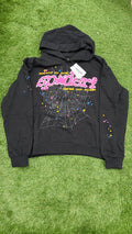 Black web hoodie front with pink and white dotted lettering