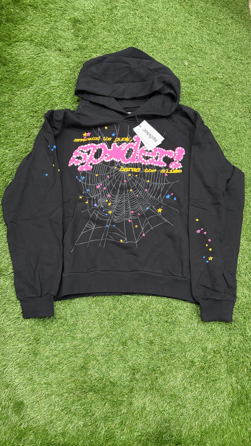 Black web hoodie front with pink and white dotted lettering