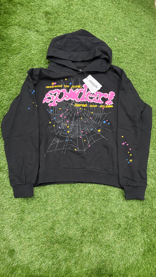 Black web hoodie front with pink and white dotted lettering