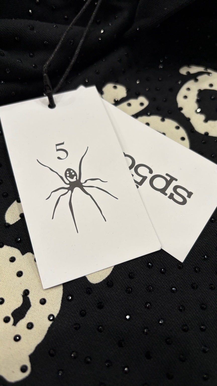 Close-up dotted rhinestone style pattern and product tags
