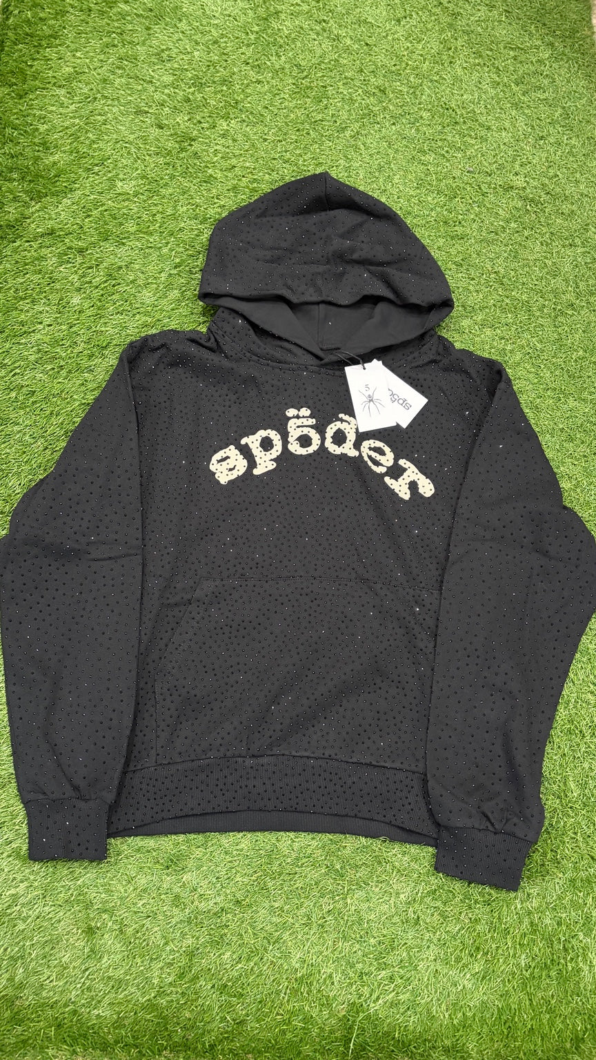 Black rhinestone style hoodie front cream logo and allover embellishments