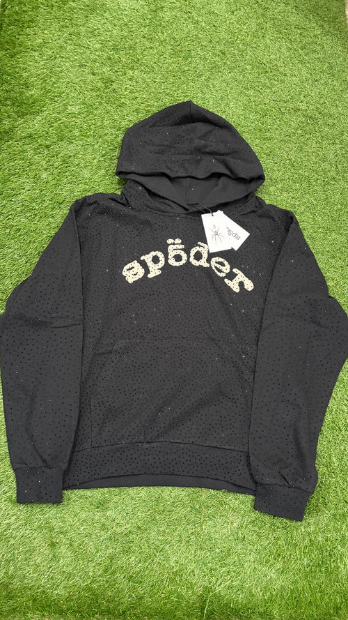 Black rhinestone style hoodie front cream logo and allover embellishments