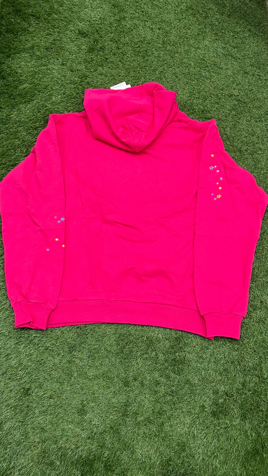 Hot pink graphic hoodie back with multicolor stars on sleeves