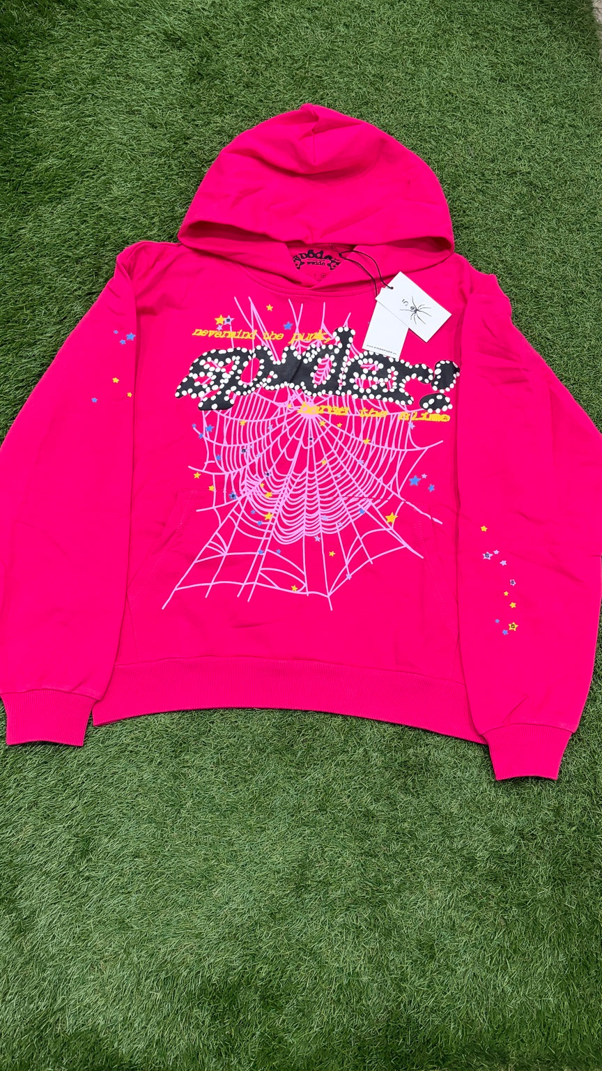 Hot pink sp5der hoodie front with dotted black logo and web graphic