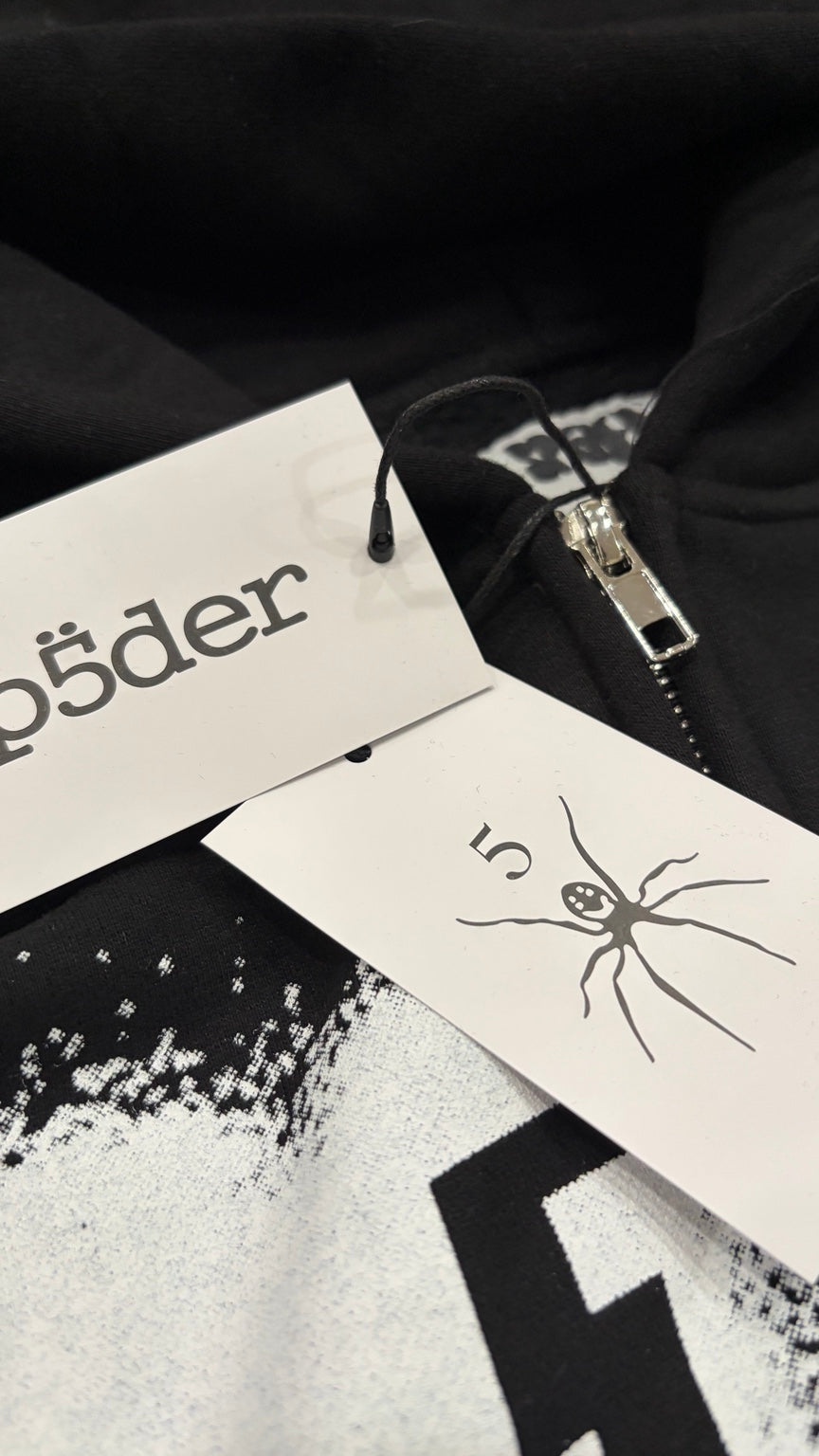 Silver zipper and white spider hangtags close-up
