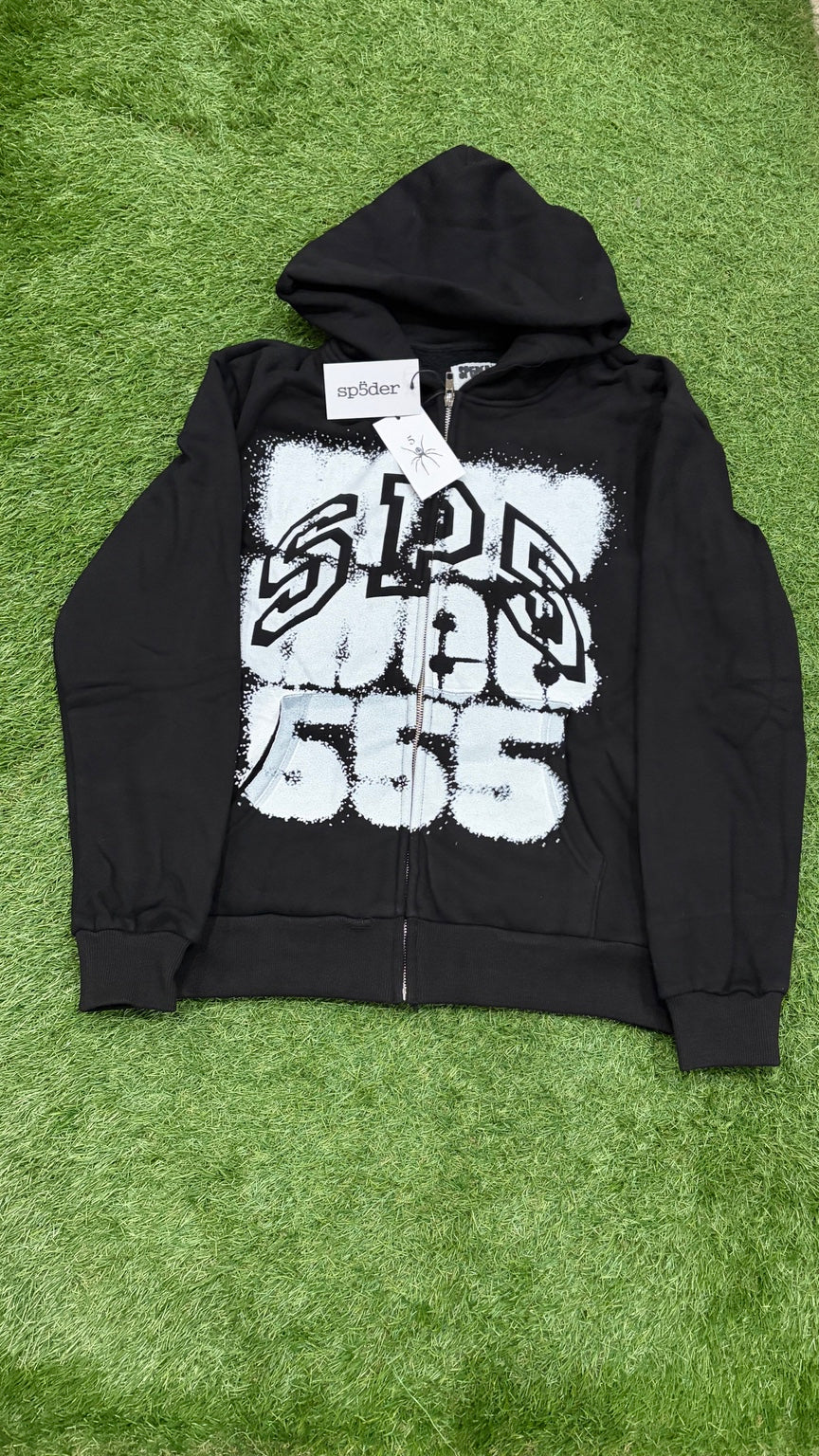 Black zip hoodie front with large white SP5 555 spray graphic