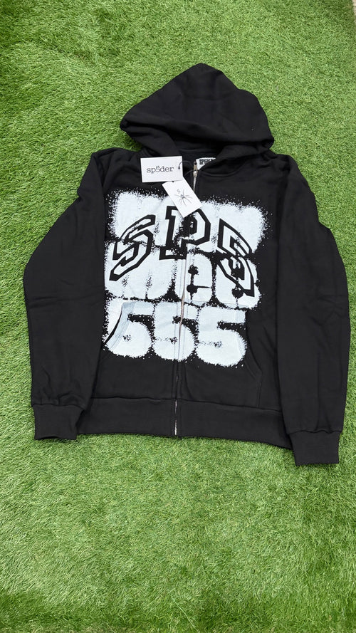 Black zip hoodie front with large white SP5 555 spray graphic