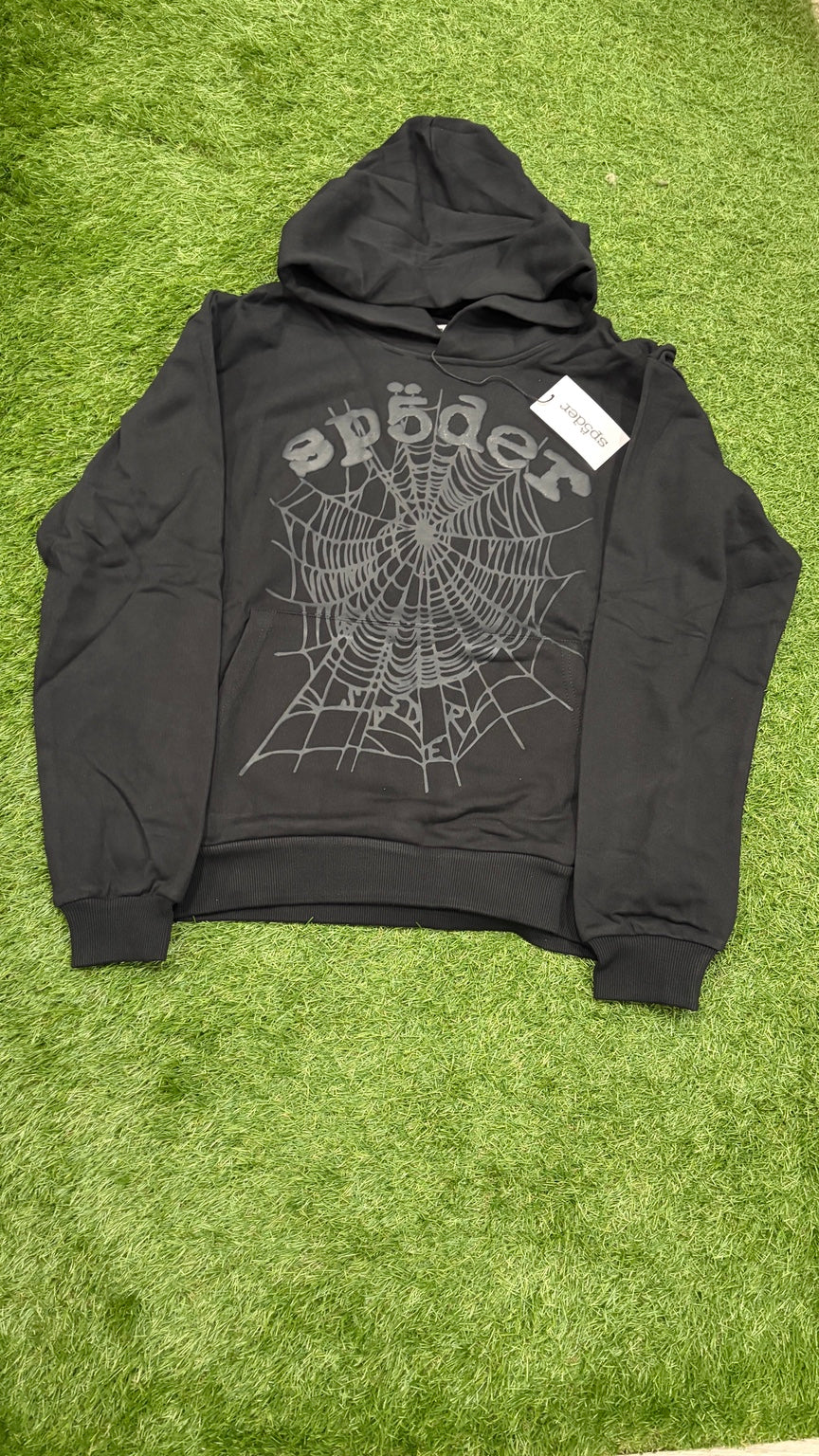 Black-on-black tonal web hoodie full front