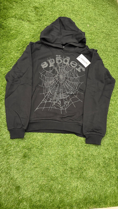 Black-on-black tonal web hoodie full front