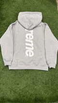 Heather gray hoodie back with large vertical white logo
