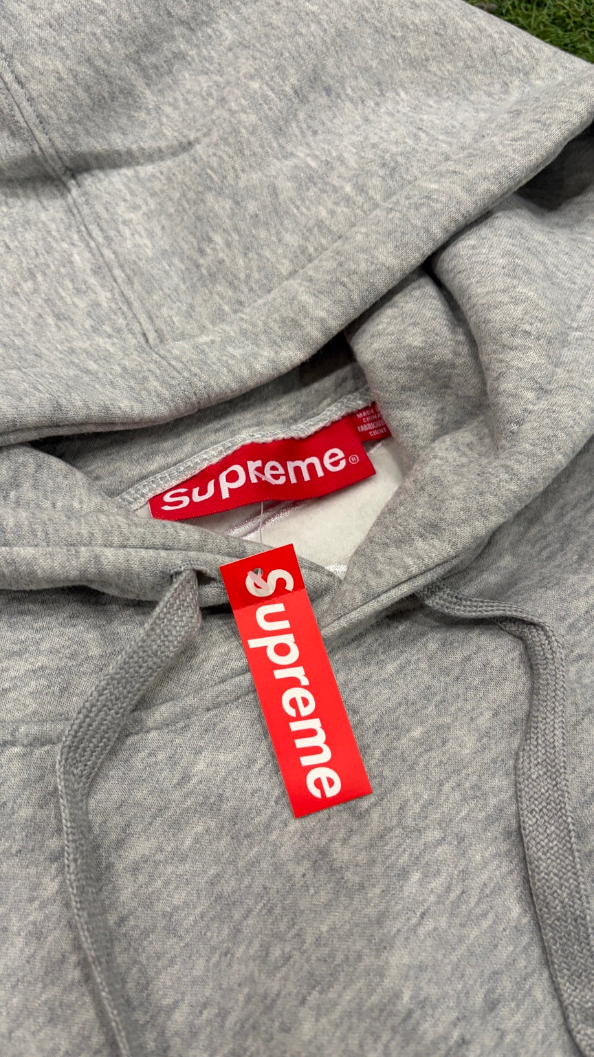 Heather gray hoodie red woven neck label and hangtag
