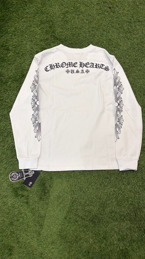 Back of white long sleeve with black Chrome Hearts USA lettering