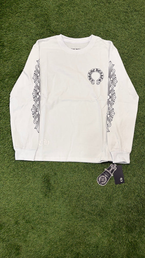 White long sleeve with black horseshoe chest graphic and black ornamental sleeves, full front