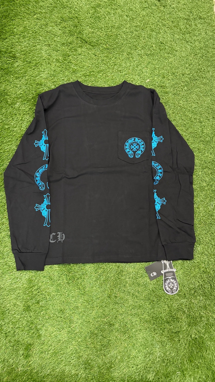 Front view of black long sleeve with blue horseshoe chest pocket and sleeve prints