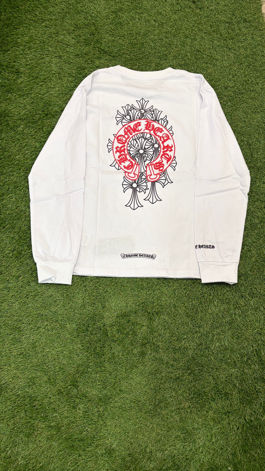 Back of white long sleeve with black crosses and red horseshoe