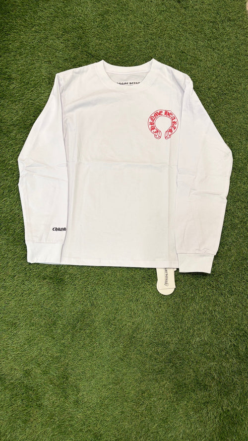 Full front of white long sleeve with red horseshoe chest graphic